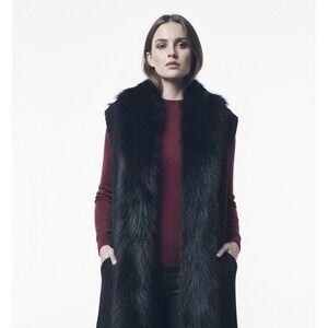 Jessica Simpson Womens XL Black Faux Fur Trim Longline Knit Sweater Vest Pockets